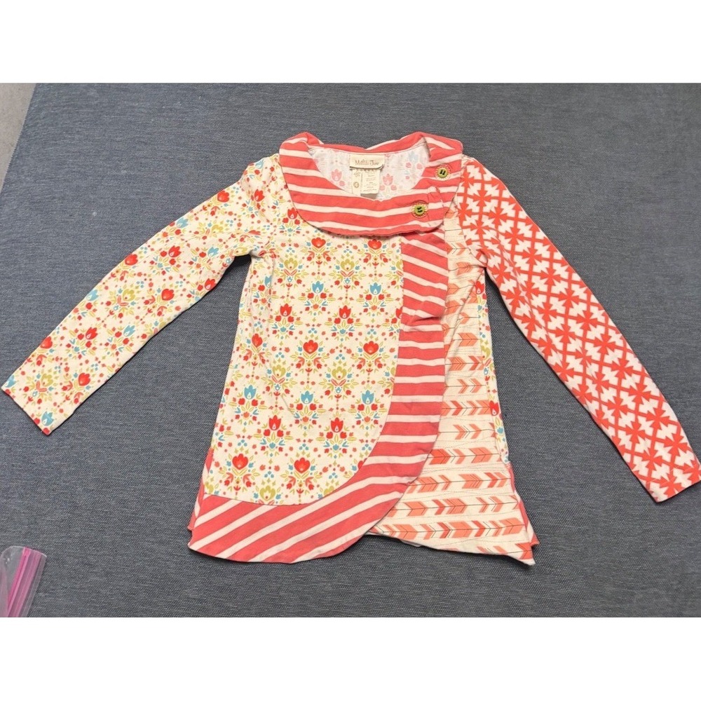 Matilda Jane Girls Mixed Print Floral Stripe Ruffle‎ Top Coral Cream Size 4